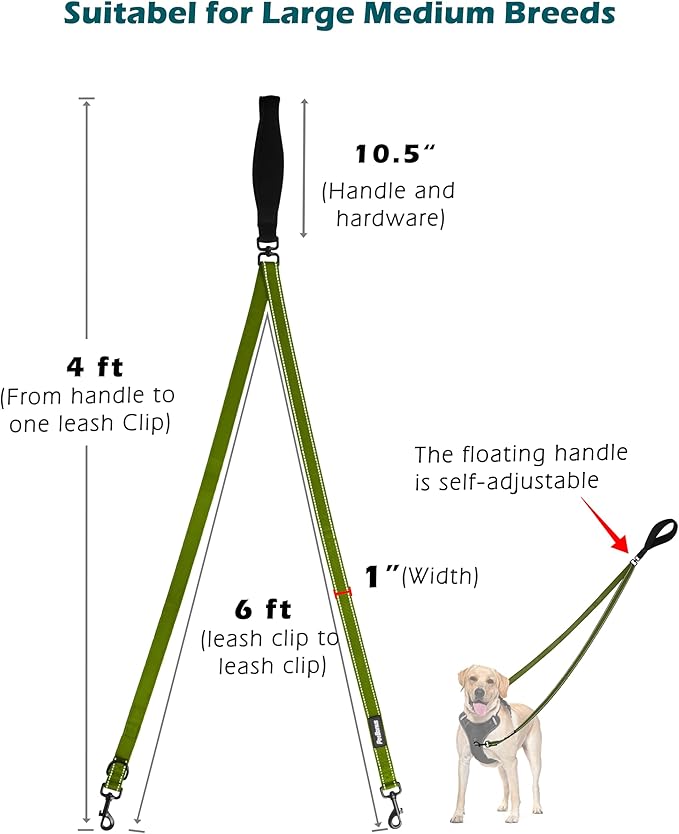 PetBonus Two Point Control Dog Leash, Works with No Pull Harnesses, No Tangle Training Leashes, Soft Padded and Reflective Walking Lead, Converts to Single Lead for Medium Large Dogs (Khaki Green)