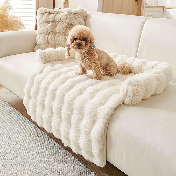 Waterproof Throw Blanket For Dogs & Indoor Cats,Dog Pad Washable Removable Couch Cover,Plush Long Fur Mat with Non Slip Silicone Base,Furniture Protector Gift for New Pet Parents,29.5"x29.5" (White)