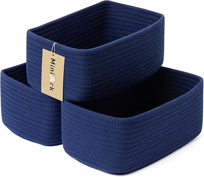 Small Storage Baskets for Organizing | Closet Organizer Bins | Shelf Toy Basket | Woven Rope Baskets | Cube Decorative Box | Shallow Basket | 11.5x7.5x4.7” | 3 Packs Navy Blue