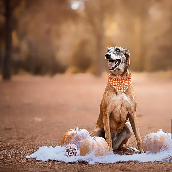Dog Bandana, 1PC Orange Ghost Print Dog Bandanas Halloween Bandanas Fall Bandanas Comfortable Bandanas Bibs Scarf Square Soft Dog Kerchief Pet Bandanas for Small Medium Large Dogs