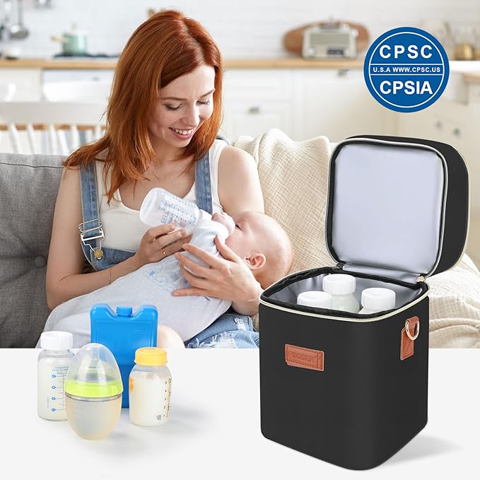 PIIOSER Baby Bottle Tote Bag with Ice Pack, Fits 4 Baby Bottles Up to 9 Ounce, Small Insulated Breastmilk Cooler Travel Bag with Shoulder Strap for Nursing & Working Mom Daycare (Black-S)