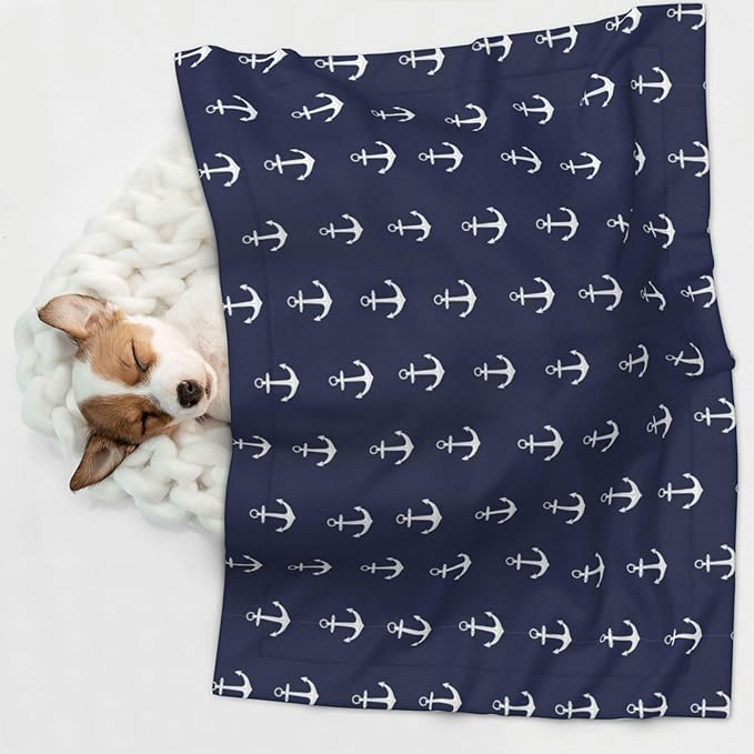 Double Sided Plush Pet Blanket with Cozy Dot Texture and Smooth Reverse, Nautical Anchor Navy, Reversible Throw for Dogs Cats on Couches Beds Crates