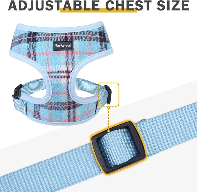 SCENEREAL Puppy Dog Harness with Leash Set for Small Medium Sized Dogs, Soft Mesh Pet Harnesses and Leash, No Chock Plaid Adjustable No Pull Vest for Dogs Cats, Chihuahua,Bulldog (Blue S)