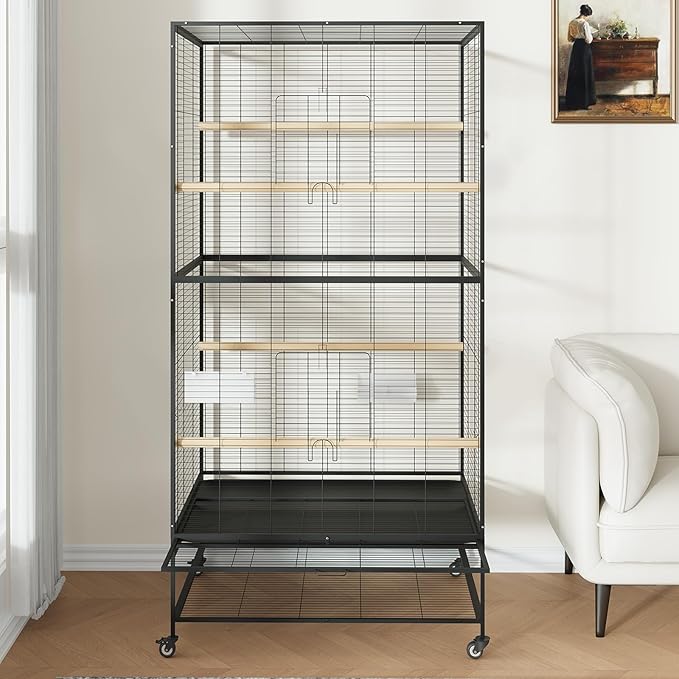66 Inch Large Bird Cage Metal Parrot Cage with Storage Shelf for Mid-Sized Parrots Cockatiels Conures Parakeets Lovebirds Budgie Finch Black