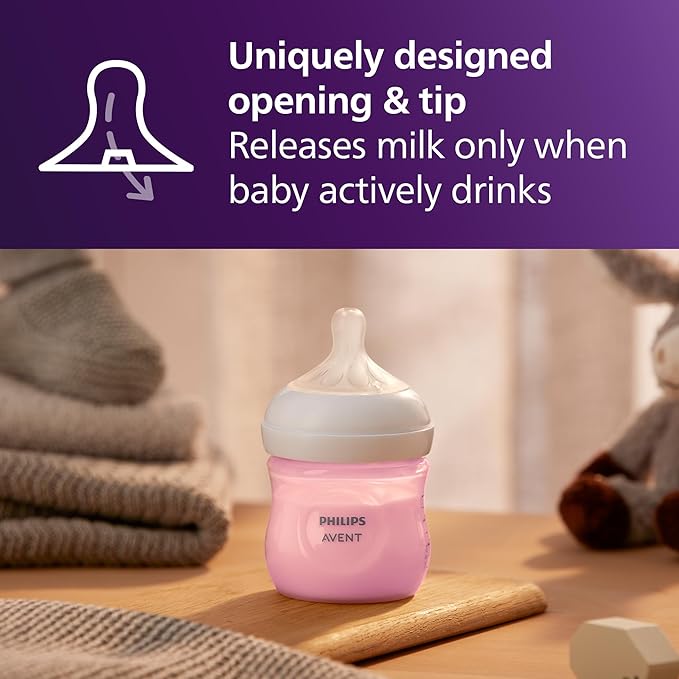 Philips Avent Natural Baby Bottles with Natural Response Nipples (Slow Flow, Flow 2), 4oz, Pink, 4-Pack, SCY900/14