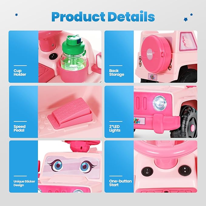 6V Toddler Ride-On Car with Horn LED Front Light Rear Storage and Eyes Theme – Fun & Safe Electric Car for Boys & Girls 18+ Months – Perfect for Little Explorers(Pink Eyes)