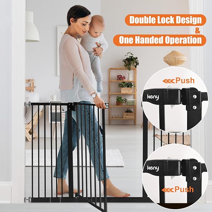 keny 29"-42.5" Baby Gate for Stairs, Auto Close Safety Dog Gate, Pressure Mounted Easy Walk Through Pet Gate for Doorways, Durable Stair Gate, 30" Tall, Black