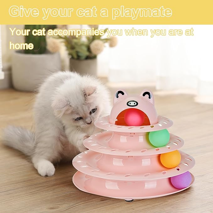 Gefryco Cat Toys 4-Tier Roller Track, Turntable Cat Tower Toy with Colorful Chase Balls, Multi-Level Interactive Cat Toys for Bored Indoor Adult Cats, Fun Puzzle Kitten Exercise Toys Self Play (Pink)