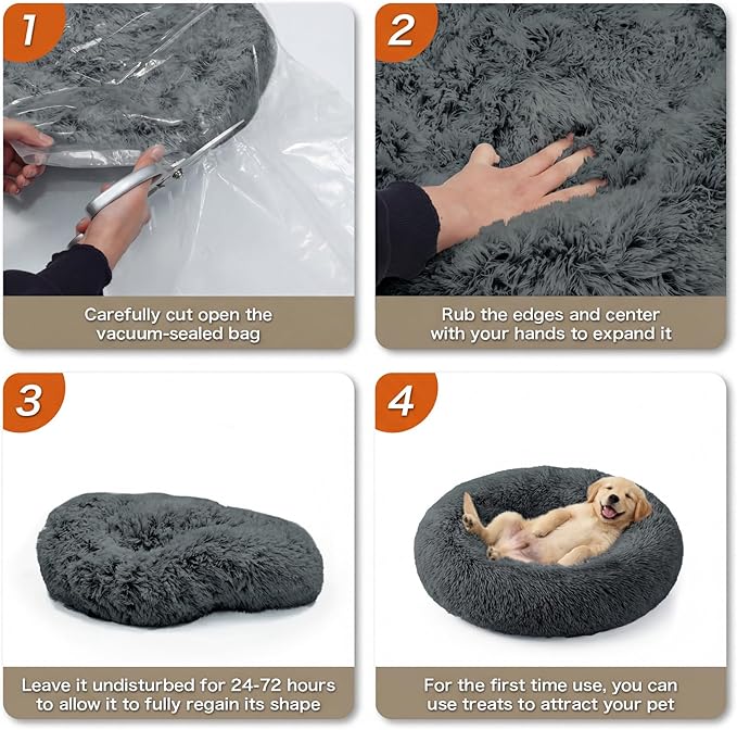 Calming Dog Bed, 20" x 20" x 6" Fits Cat & Dog, Anti-Slip Round Washable Faux Fur for Doze Off, Napping Orthopedic, Dark Grey