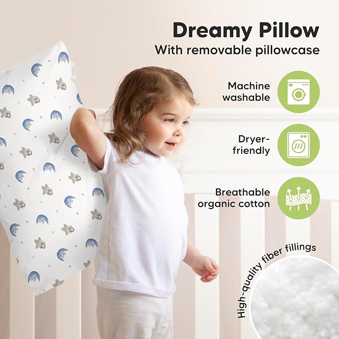 KeaBabies Toddler Pillow with Pillowcase, Jumbo 14X20 - Soft Organic Cotton Toddler Pillows for Sleeping - Machine Washable - Perfect for Travel, Toddler Bed Set (Space Drift)