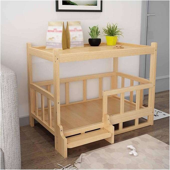 XPLKQXE Dog Bed Wood Platform, Elevated Pet Cushion Bed, Animal Couch with Mattress, Dog Beds & Furniture Rest Cot, Portable Fence Bed Pet Up to 45kg/100lbs(Color:Woody,Size:75x50x65cm)