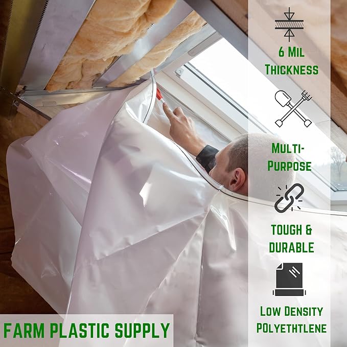 Farm Plastic Supply - Clear Plastic Sheeting - 6 mil - (10' x 100') - Thick Plastic Sheeting, Heavy Duty Polyethylene Film, Drop Cloth Vapor Barrier Covering for Crawl Space