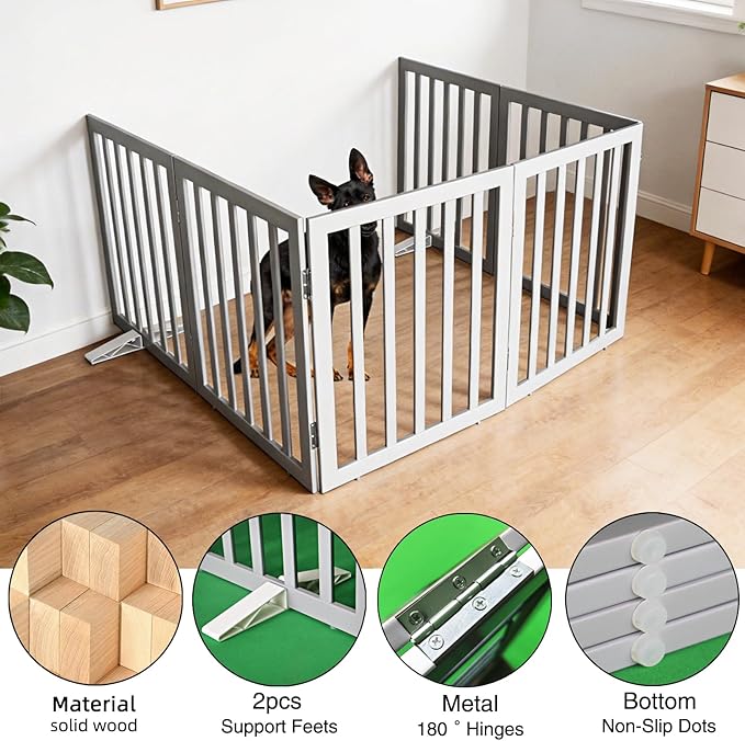 ZJSF Freestanding Indoor Dog Gate for House Foldable Wood Puppy Gate for Doorways Pet Gate for Stairs Extra Wide Pet Fence, Grey, 24" Height 6 Panels