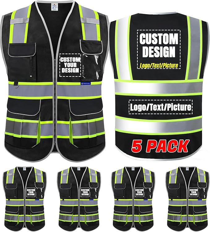 BeautyWill ANSI Certified Custom Logo Safety Vest 8-Pockets Class2 High Visibility Reflective Vest for Men - Personalized Logo Heavy-Duty Work Vest（Black，5Pack，XL）