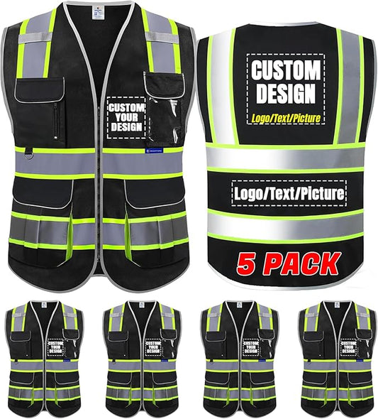 BeautyWill ANSI Certified Custom Logo Safety Vest 8-Pockets Class2 High Visibility Reflective Vest for Men - Personalized Logo Heavy-Duty Work Vest（Black，5Pack，XXL）