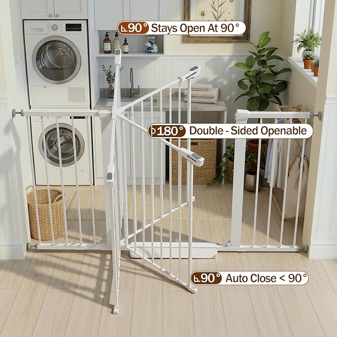 Mumeasy 29.7-57" Extra Wide Baby Gate, Auto Close Large Dog Gate for Doorways, No Drilling Pressure Mounted Pet Safety Gate for Stairs, Easy Walk Through Child Gate for Hallways, House, Indoor, White