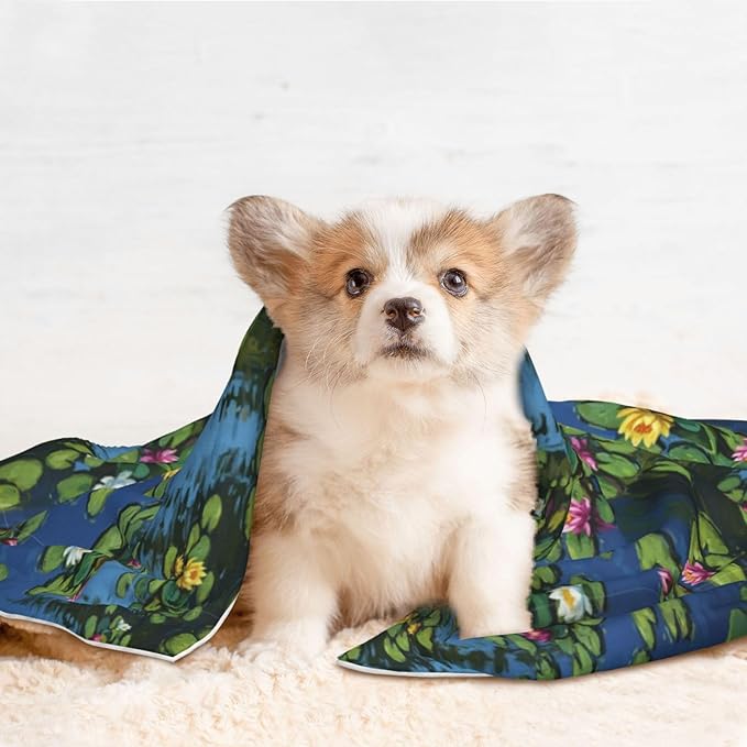 Reversible Plush Throw for Dogs and Cats, Water Lilies Monet Painting, Double Sided Blanket with Nubby Dot Side and Sleek Side Ideal for Cuddling Nesting Security
