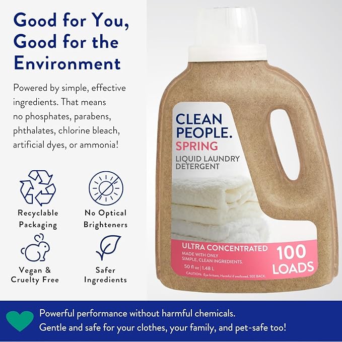 The Clean People Liquid Laundry Detergent - Recyclable Packaging, Stain Fighting - Ultra Concentrated, Laundry Soap - Spring Scent, 50 fl oz