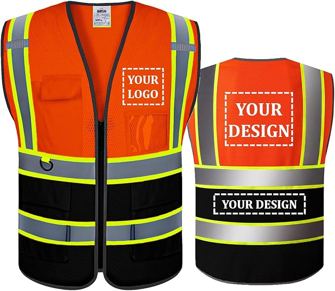 BeautyWill Custom Safety Vest Customized Logo Mesh Vest Class2 High Visibility Reflective Vest with Pockets Orange Workwear（Orange Black，M ）