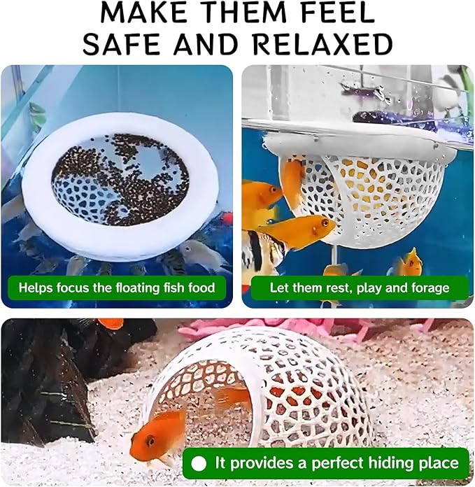 Aquarium Betta Fish Feeding Station, Floating Ring with Cave Hammock, Fish Hide Decoration, White