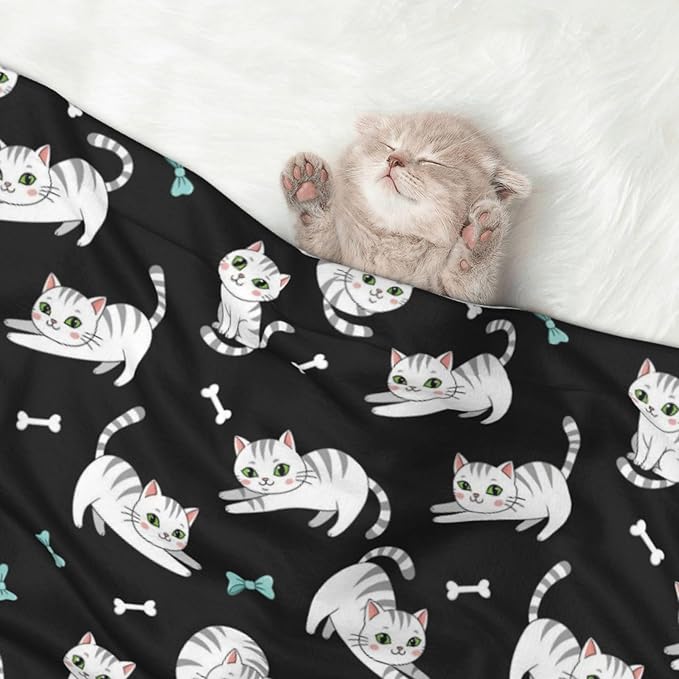 Double Sided Pet Throw for Dogs Who Shed, White Cute Cats, Reversible Blanket with Nubby Dot Side Catches Loose Fur for Easier Furniture Cleanup