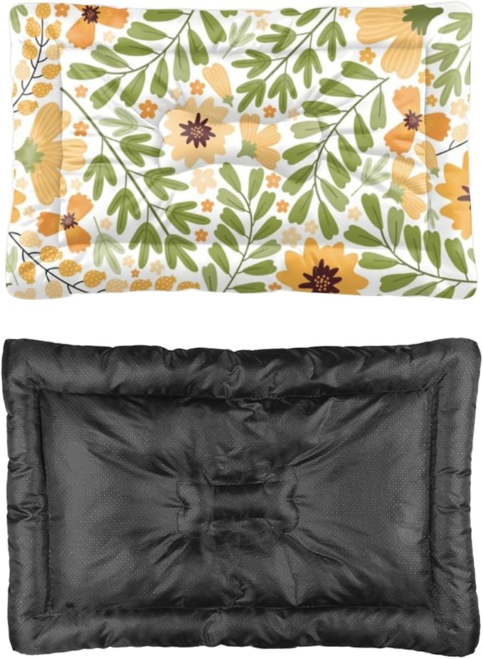 Natural Yellow Floral Green Dog Bed Machine Washable Dog Bed Crate Mat Pad for Crate Small Washable Non-Slip Cushion for Cage Small Mat Kennel Pillow Dogs Indoor Outdoor 24X18 Inch