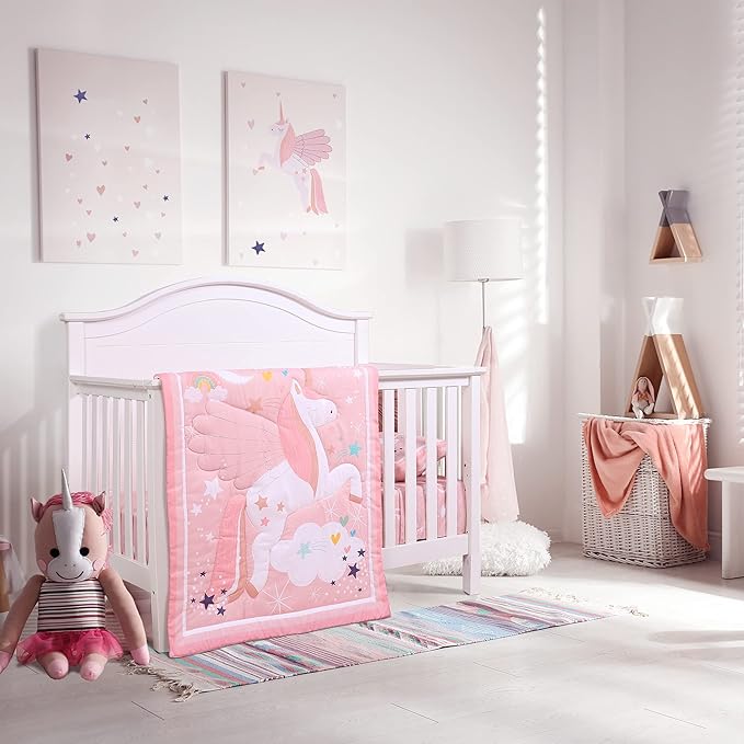 UOMNY Crib Bedding Set for Girls - Pink Baby Nursery Sets 3 Pieces Quilt Comforter Fitted Sheet Toddler Pillowcase Soft Star