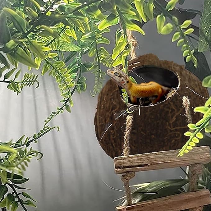 6PCS Crested Gecko Coconut Hut, Lizard Coco Den with Ladder and Reptile Hammock Bearded Dragon Tank Accessories Climbing Hanging Plants Jungle Vine Flexible Reptile Leaves Decor