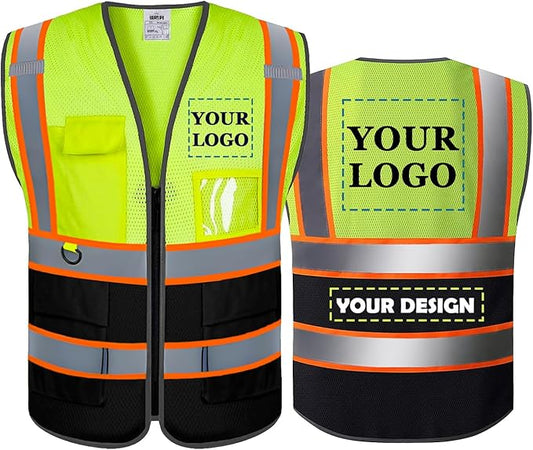 BeautyWill Custom Mesh Safety Vest Customized Logo Class2 High Visibility Reflective Vest with Pockets Construction workwear （Yellow Black，M ）