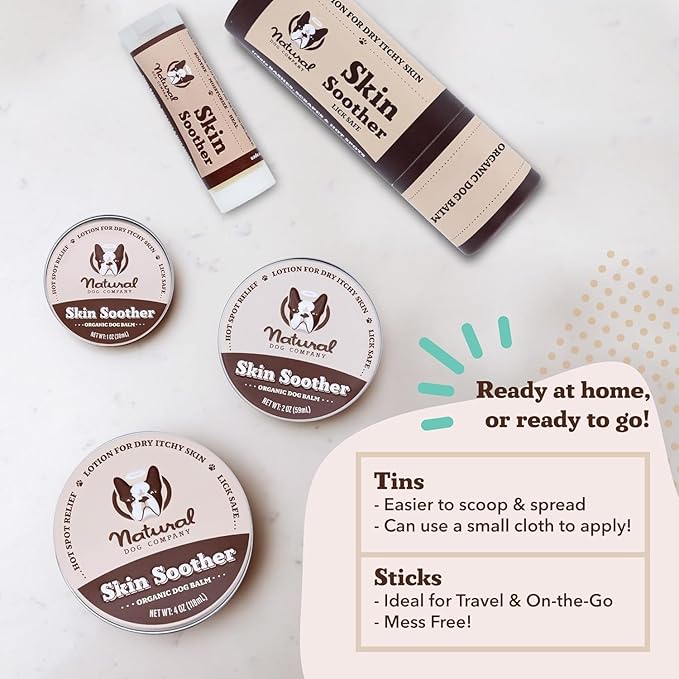 Natural Dog Company Skin Soother Bundle, Includes 2oz Tin + 0.15oz Stick, All Natural Healing Balm for Dogs, Relieves Dry, Itchy Skin, Treats Skin Irritations, Wounds, Hot Spots, Dermatitis