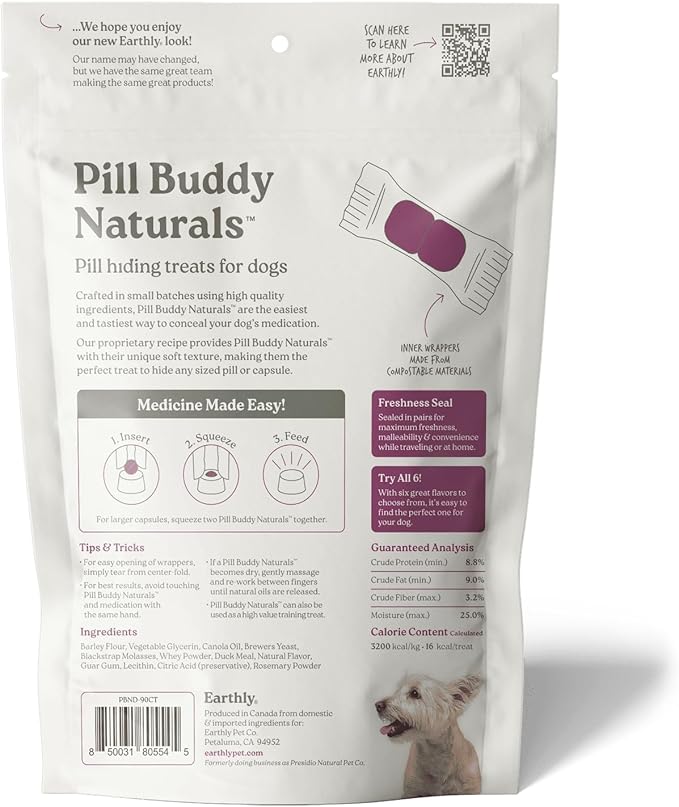 Earthly Pill Buddy Naturals - Duck (Chicken-Free) Pill Hiding Treats for Dogs - Pill Pocket for Any Size Medication - 90 Servings