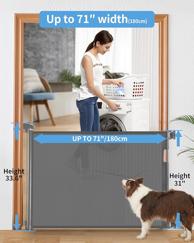 Retractable Baby Gate for Doorways and Stairs, Mesh Safety Gate for Pet, Indoor & Outdoor Use, One-Hand Operation, Easy Installation, 33.6" Tall, Expands to 55" Wide（Grey,33.6"x55"