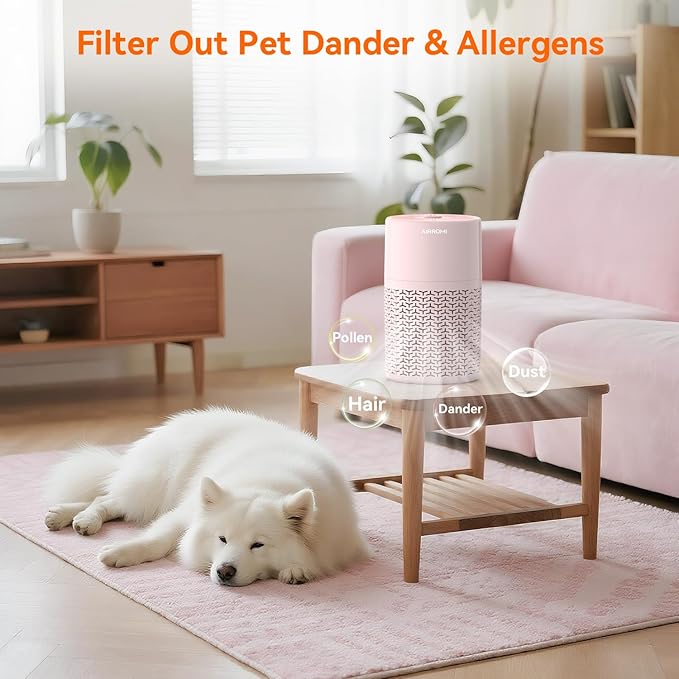 AIRROMI Pets Air Purifier for Home Allergies,Up to 660 ft². HEPA Deodorizing Activated Carbon Filter,With Fragrance Sponge for Better Sleep,Night Light,Pet Dander,Smoke,Odors,Air Cleaner A2002 Pink