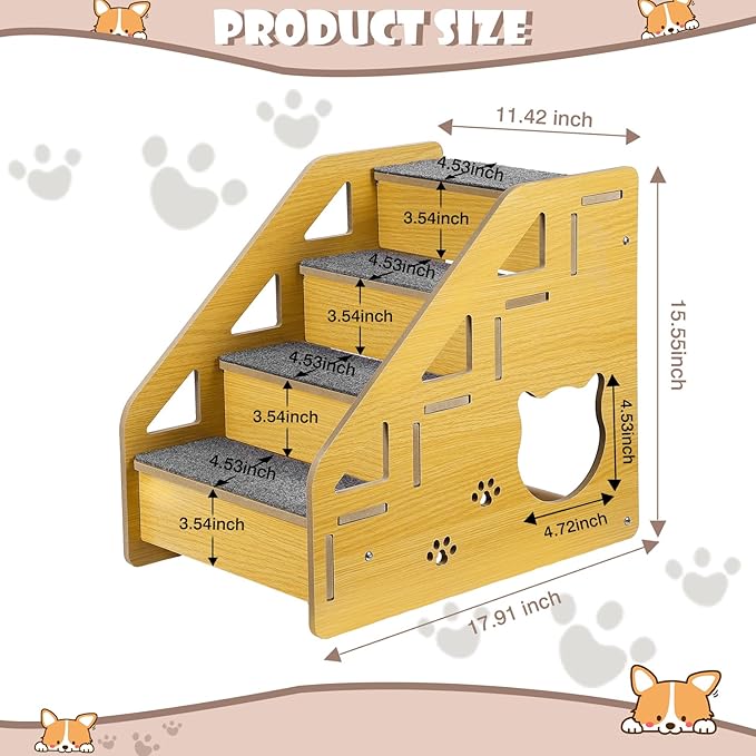 Dog Stairs for Small Dogs, 4-Step Dog Steps for Beds or Couches, Wood Pet Stairs for Small Pets, 15" H Cat Stairs for Doggie,Old Cats, Small Animals