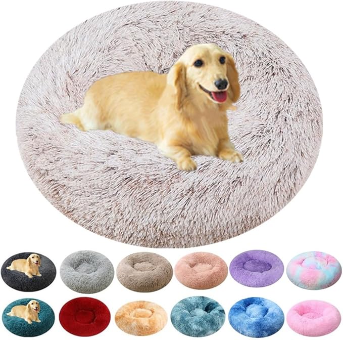 Large Calming Dog Bed, 47 Inch Anti-Anxiety Donut Dog Cuddler Cat Bed, Warming Cozy Soft Dogs Round Bed, Fluffy Faux Fur Machine Washable Pet Cushion for Medium Large Dogs & Cats (Coffee White)