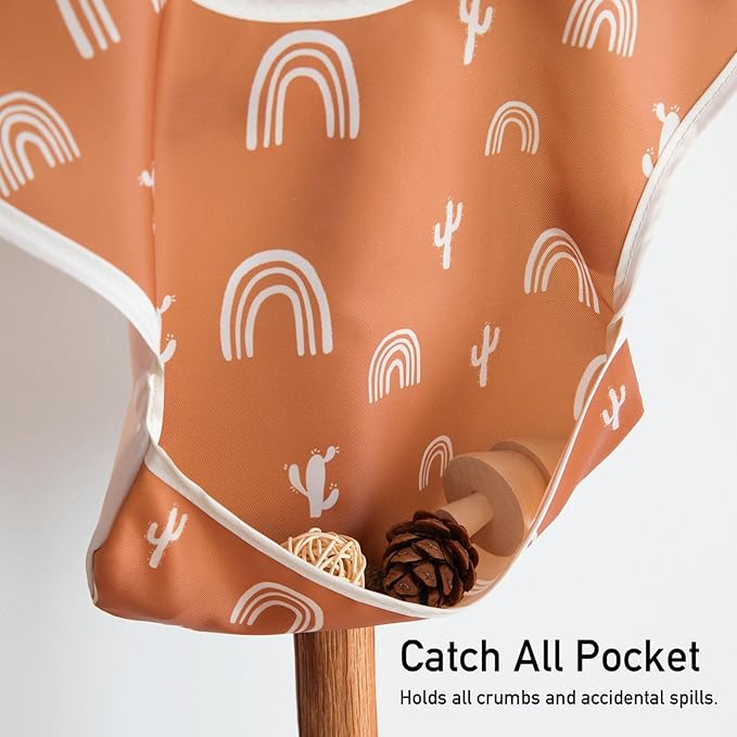Mess Proof Baby Bib 3 Pack, Waterproof Led Weaning Baby Feeding Bibs with Food Catcher, Travel Feeding Bibs