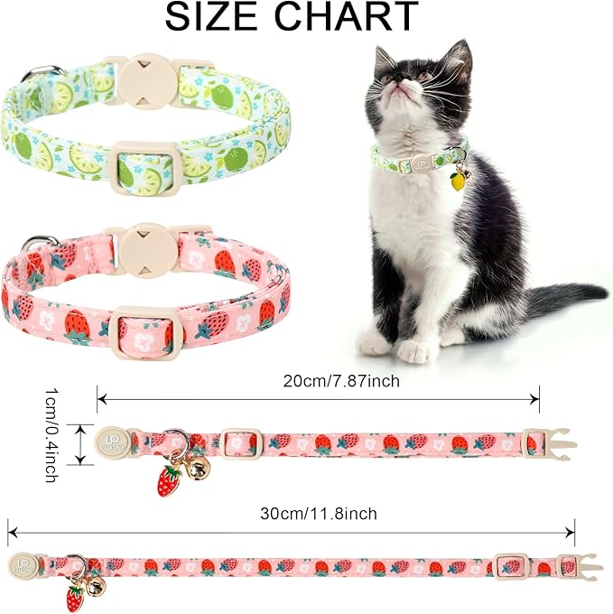 Cat Collar, 2Pack Summer Kitten Collars-Cute Lime and Strawberry Pendants-Breakaway Kitty Collars,Cat Collar with Bell, for Girl & Boy Cats