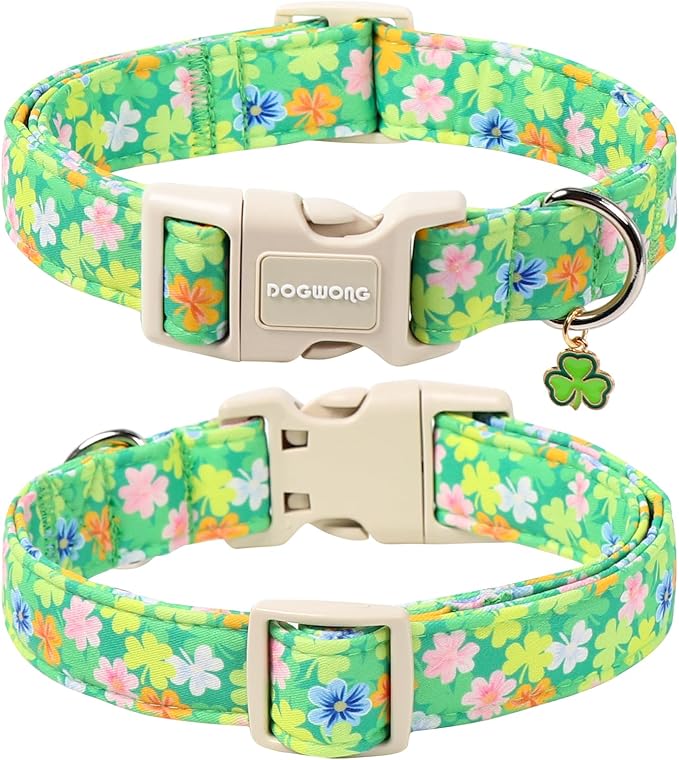 DOGWONG St. Patrick Dog Collar, Comfortable Adjustable Green Clover Pattern Dog Collar for Meidum Large Male Female Dogs,M