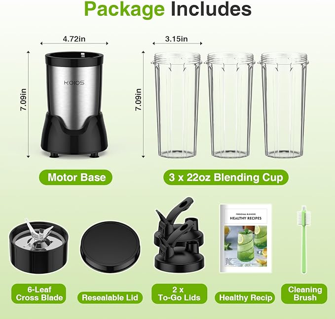 KOIOS Blender for Smoothies,Personal Blender for Shakes and Smoothies with 3 * 22oz To-Go Cups,22000 RPM Smoothie Maker,Detachable 6-leaf Blade Portable Blenders for kitchen,Black