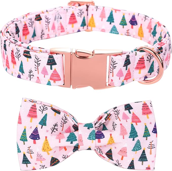 Christmas Dog Collar, Pink Christmas Tree Soft Comfortable Collars with Bow Adjustable Pet Collar with Premium Metal Buckle Dog Necklace for Large Girl Dogs