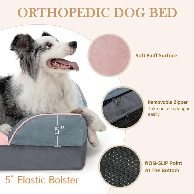 Comfort Expression Orthopedic Dog Bed for Large Dogs 36x27 Inch, Waterproof Egg Crate Foam Large Pet Bed with Removable Bolsters, Dog Couch with Washable Cover & Non-Slip Bottom, Cherry Blossom