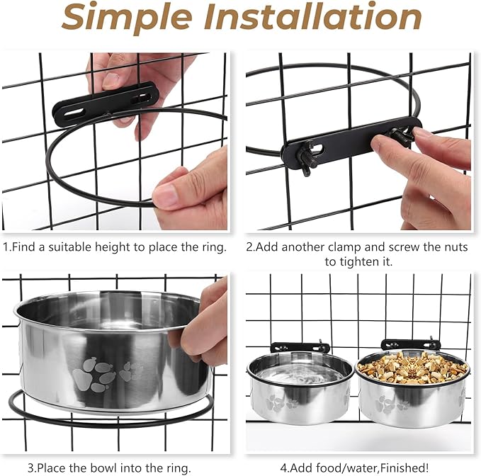 2 Pack Dog Crate Water Food Bowl No Spill,2-in-1 Hanging Dog Bowls for Kennel,Dogs Crate Water Feeder Dish,Stainless Steel Kennel Dogs Bowls Mountable with Non-Slip Bottom for Cats Bunny Ferret Bird