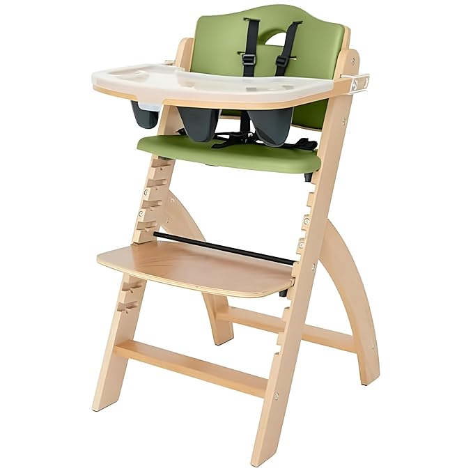 Abiie Beyond Junior Wooden High Chair with Tray - Adjustable and Convertible High Chair for Babies and Toddlers - 6 Months to 250 Lb - Water Resistant - Natural Wood/Olive Cushion
