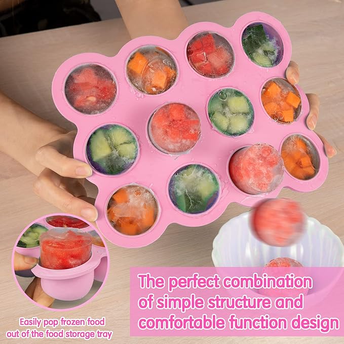 Baby Food Storage 12 x 1.5OZ Silicone Freezer Tray with Lid, Food Grade Silicone Containers for Purees & Vegetables Pink