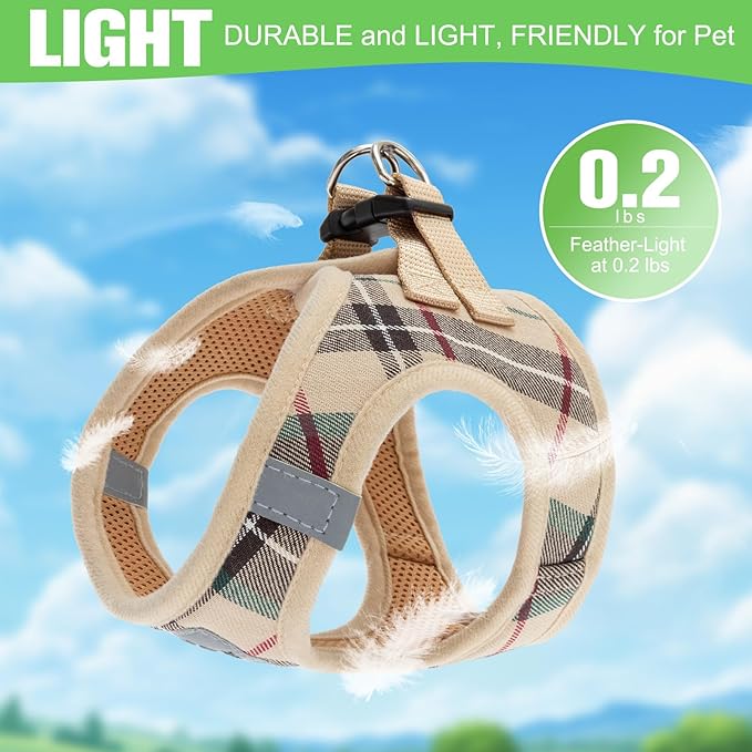 EXPAWLORER Plaid Small Dog Harness and Leash Set with AirTag Holder - No Pull Soft Padded Step in Dog Vest Harness Medium Sized Dog, Reflective Puppy Harness, Collar and Leash for Walking, Khaki S