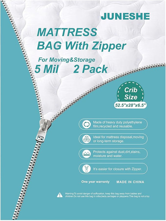 2 Pack Crib Mattress Storage Bags with Zipper -5 Mil Plastic Waterproof Crib Mattress Bags for Moving and Storage