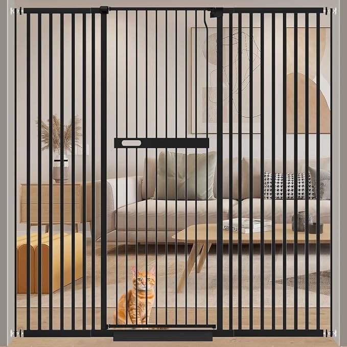 WAOWAO 71" Extra Tall Cat Pet Gate 29.92-61.42" Wide Pressure Mounted Walk Through Swing Auto Close Safety Black Metal Dog Pet Puppy Cat for Indoor Stairs,Doorways