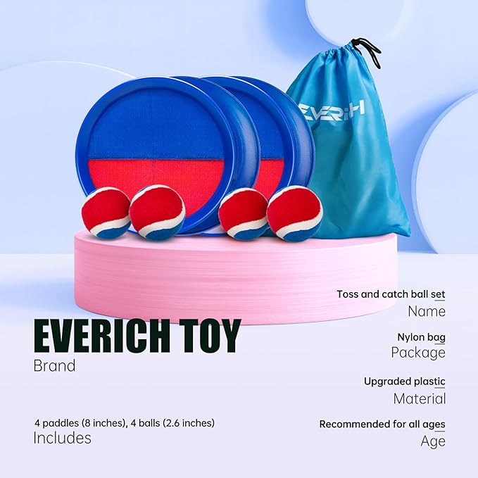 EVERICH Upgraded Toss and Catch Ball Game Set - Indoor and Outdoor Games for Kids 3-12, Beach Sand Pool Water Toy Includes 4 Paddles 4 Sticky Balls, Easter Basket Stuffers Boys Girls Birthday Gifts