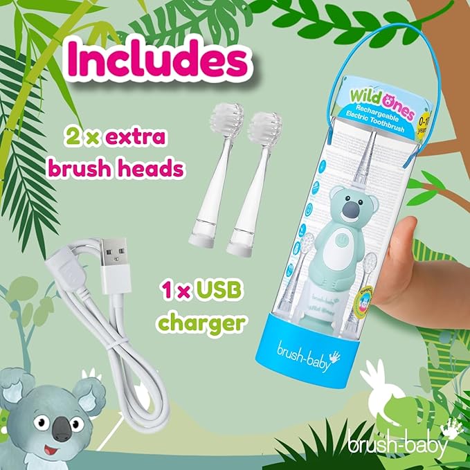 brush-baby WildOnes™ Rechargeable Kids Electric Toothbrush – Koala | Flashing Lights, 2-Min Timer, Waterproof, 3 Brush Heads | Toddler & Child Toothbrush Ages 0-10 | Soft Bristles