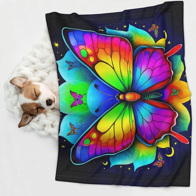 Two Sided Plush Pet Blanket for Warmth Comfort, Butterflies Mandala Rainbow Art Black and White, Reversible Throw with Cozy Nubby Side for Chilly Nights Napping Spots Around House